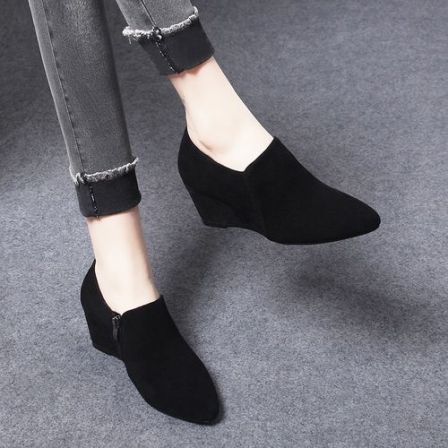 1513单鞋女新款女鞋春季女士尖头坡跟高跟鞋羊皮绒面春款真皮鞋子