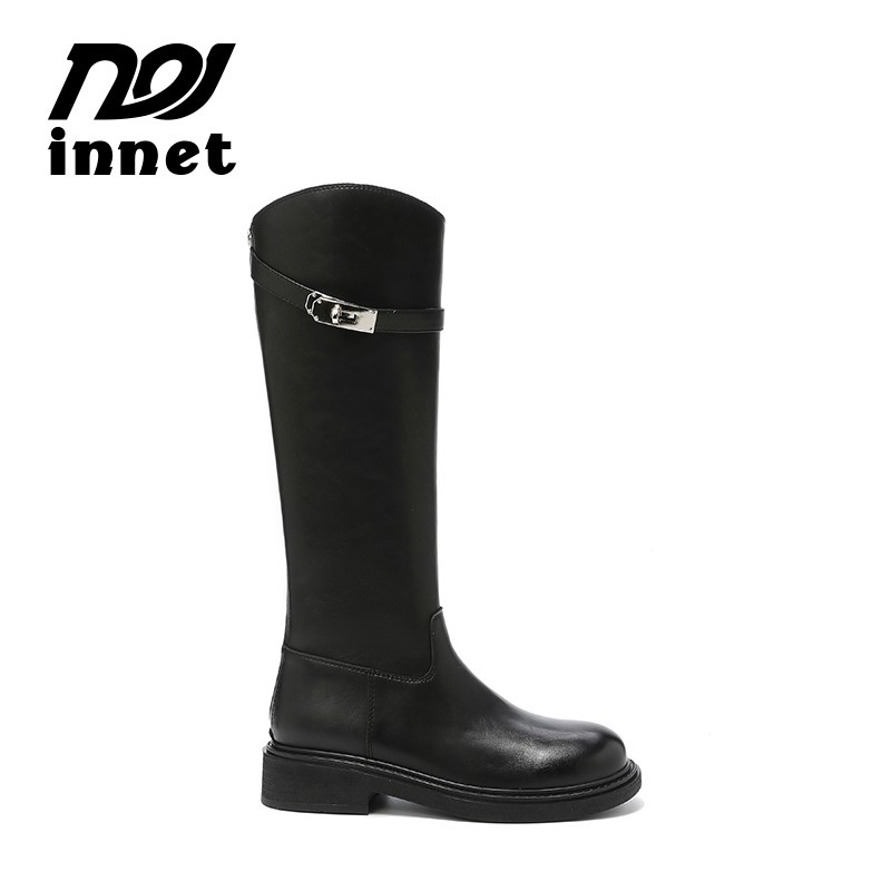 INNET【马到功成靴】时尚显瘦高筒后拉链中长筒骑士靴子女1098主图