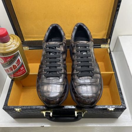 高端尼罗鳄真皮运动鞋低帮冬季圆头工艺男鞋高端黑色男装鞋皮鞋