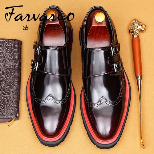 新款双扣带布洛克皮鞋男英伦时尚黑红撞色轻便厚底擦色雕花孟克鞋主图