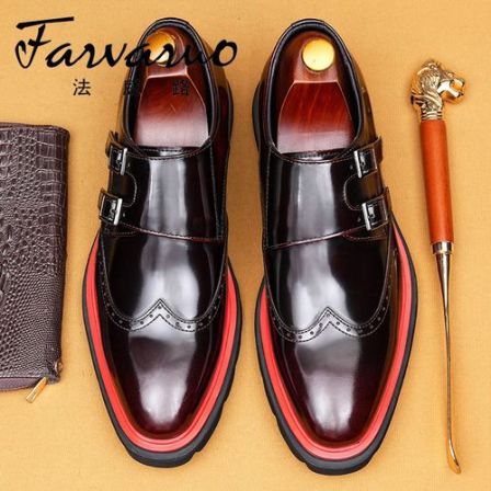 新款双扣带布洛克皮鞋男英伦时尚黑红撞色轻便厚底擦色雕花孟克鞋