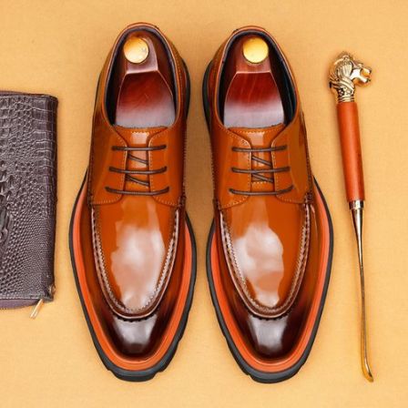 真皮亮面休闲皮鞋男士商务德比鞋英伦风绅士正装皮鞋男款手工皮鞋