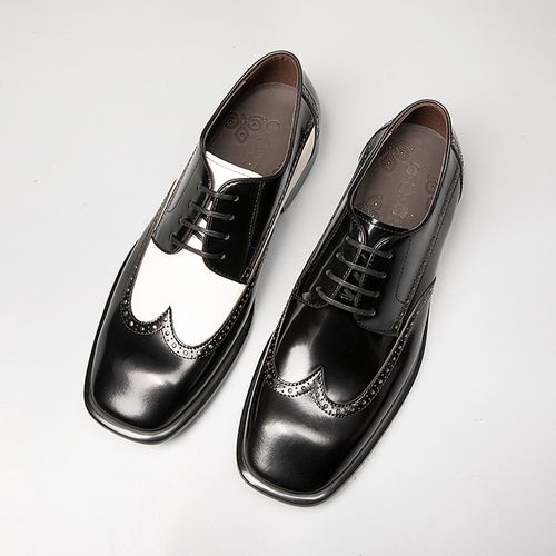 【黑白熊猫撞色】2026春季新品黑白拼色布洛克皮鞋方头雕花德比鞋主图