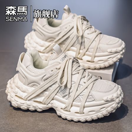 男鞋春季轮胎底网面透气时尚跑步运动休闲鞋厚底增高老爹鞋男