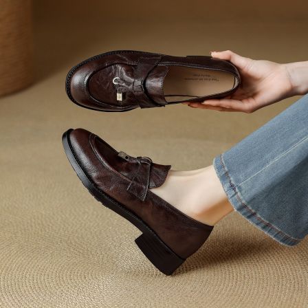 中跟3厘米/头层水洗羊皮复古圆头一脚蹬百搭真皮乐福鞋粗跟单皮鞋