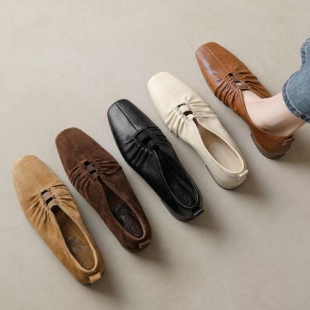 羊皮~2cm法式小方头深口单鞋褶皱时尚小众玛丽珍平底软底真皮女鞋