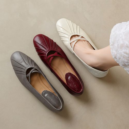 牛皮~2.5cm春秋新款浅口单鞋软底玛丽珍平底鞋酒红色圆头真皮女鞋主图