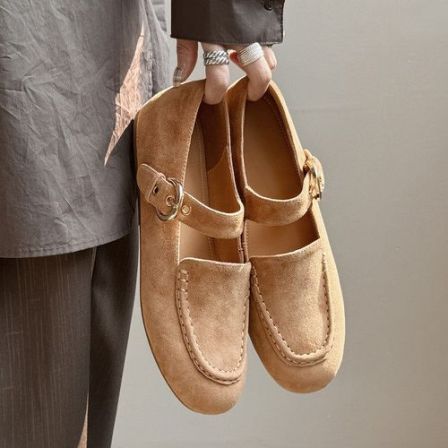 圆头平跟乐福鞋一字扣带复古风磨砂日常浅口2026新款单鞋