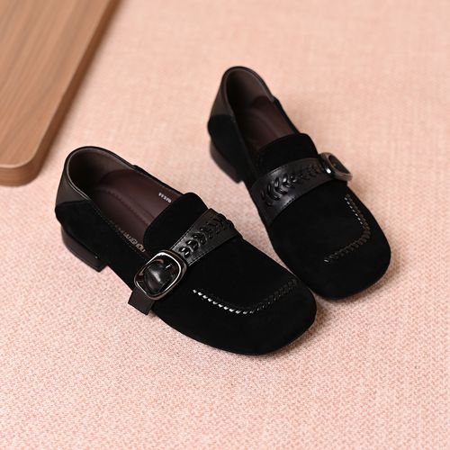 真皮羊皮新款复古方头编织皮带乐福鞋舒适两穿小皮鞋低跟深口单鞋主图