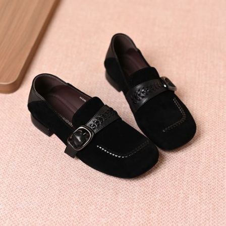 真皮羊皮新款复古方头编织皮带乐福鞋舒适两穿小皮鞋低跟深口单鞋