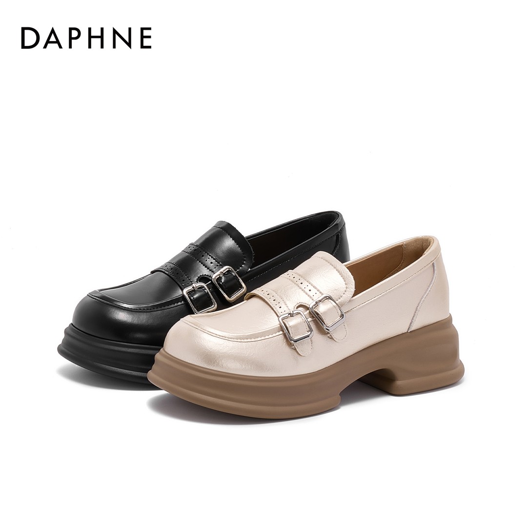 达芙妮双扣乐福鞋2026春季新款女式舒适百搭厚底布洛克风通勤单鞋主图