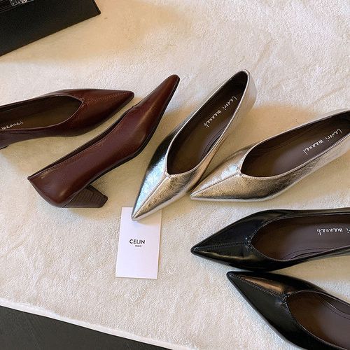 尖头粗跟浅口单鞋日常职业通勤鞋一脚蹬橡胶底2026年春季主图