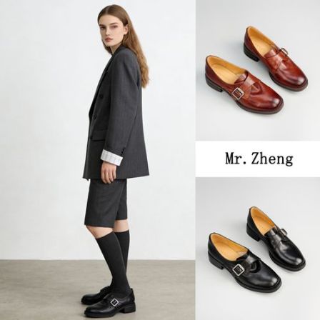 Mr.Zheng/3.5cm/水洗头层牛皮/皮带扣乐福鞋复古百搭真皮单鞋女