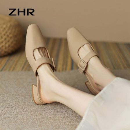 ZHR则则3CM粗跟浅口搭扣穆勒拖鞋外穿时尚气质包头拖BL132