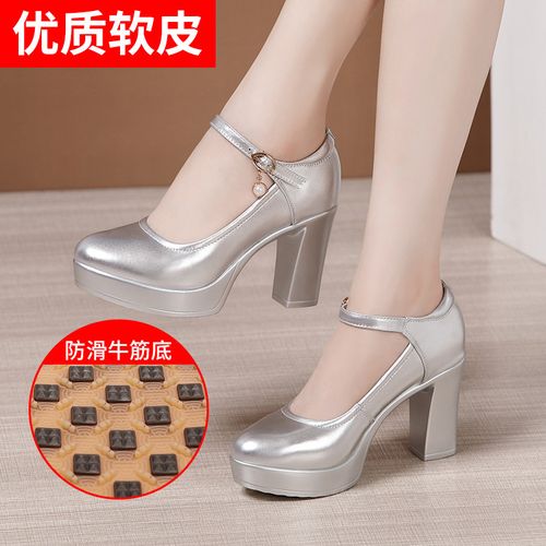 软底粗跟旗袍秀专用走秀鞋女软皮高跟厚底防水台圆头模特演出单鞋主图