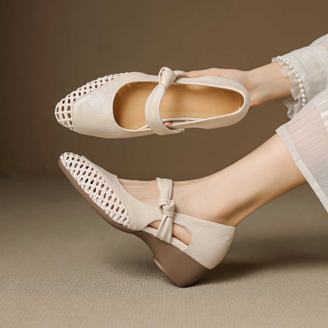 羊皮法式时尚夏季平跟镂空透气包头女凉鞋真皮女鞋玛丽珍鞋女单鞋主图