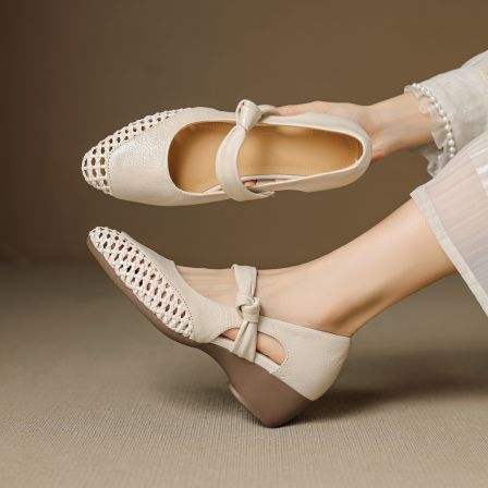 羊皮法式时尚夏季平跟镂空透气包头女凉鞋真皮女鞋玛丽珍鞋女单鞋