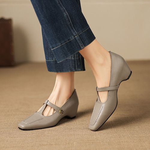 羊皮~4.5复古浅口单鞋软底一字带玛丽珍气质高跟鞋内增高真皮女鞋主图