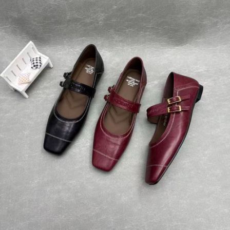 【萌萌定制】平底玛丽珍春季一脚蹬妈妈鞋方头皮鞋女士单鞋上班羊皮