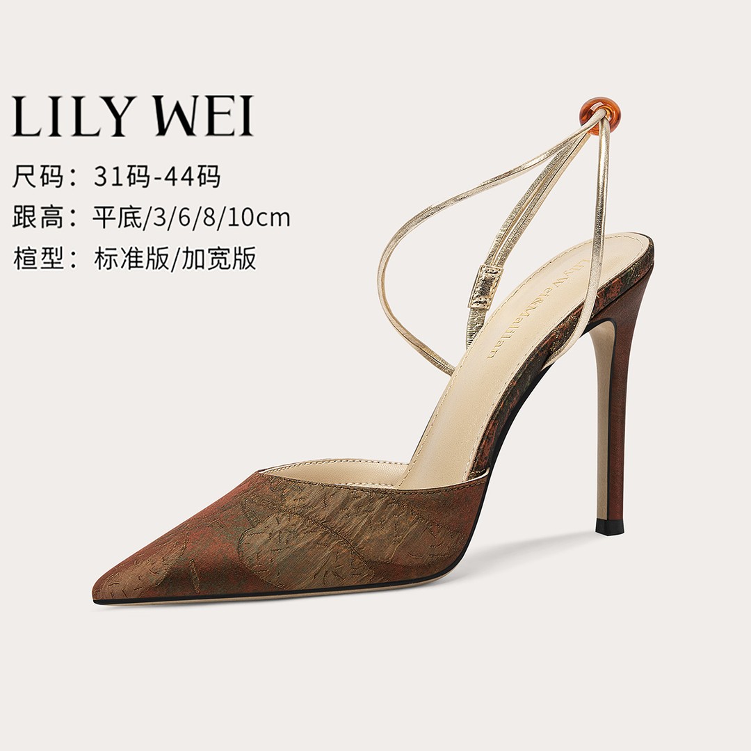 Lily Wei【锁清秋】国风复古印花高跟凉鞋2026夏新款包头细跟小码主图