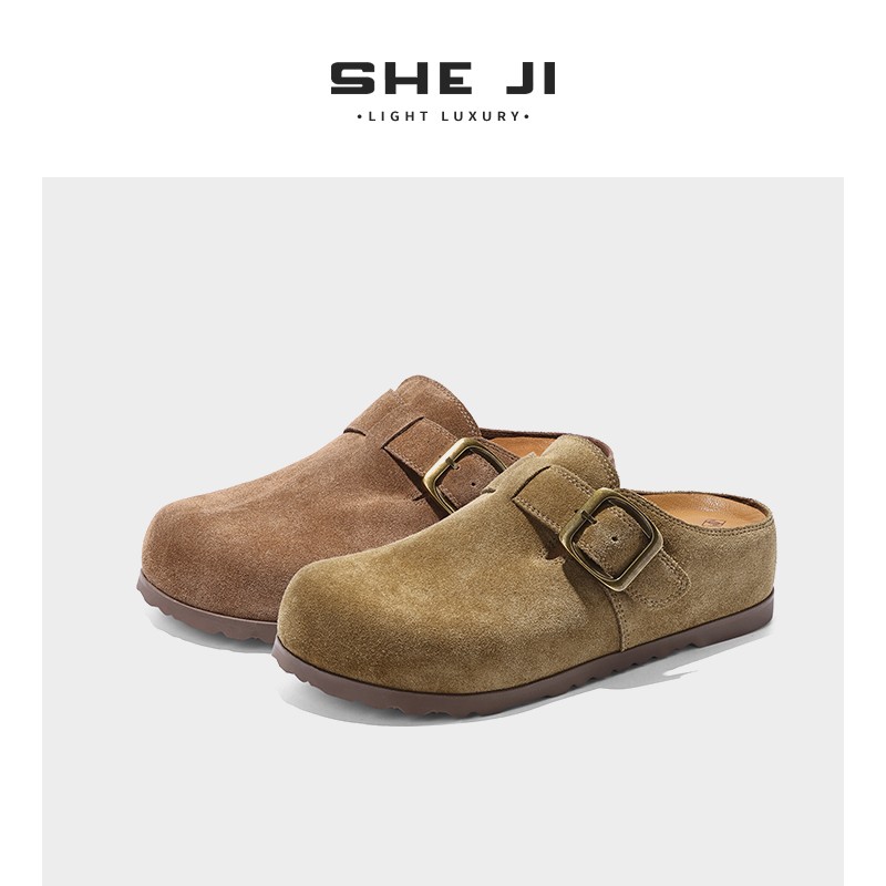 SHEJI奢季 厚底勃肯鞋女爆款春季懒人一脚蹬高丝光牛反绒包头半拖主图