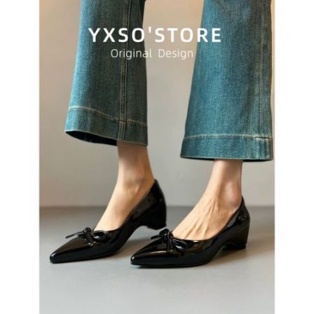 羊皮版~内增高尖头蝴蝶结优雅浅口单鞋小个子百搭温柔气质小单鞋