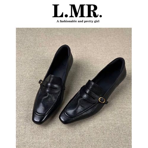 羊皮版~复古方头金属扣粗跟乐福鞋女通勤百搭真皮单鞋时尚工作鞋主图