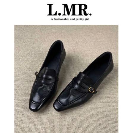 羊皮版~复古方头金属扣粗跟乐福鞋女通勤百搭真皮单鞋时尚工作鞋