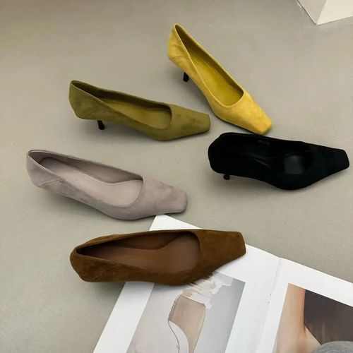 法式气质春季新款绒面方头浅口细跟单鞋时尚百搭通勤高跟鞋极简风主图