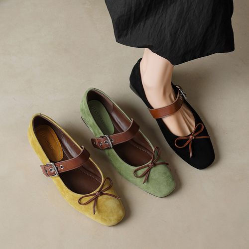 羊皮~2.5cm春秋款浅口单鞋蝴蝶结玛丽珍平底拼色软底复古真皮女鞋主图