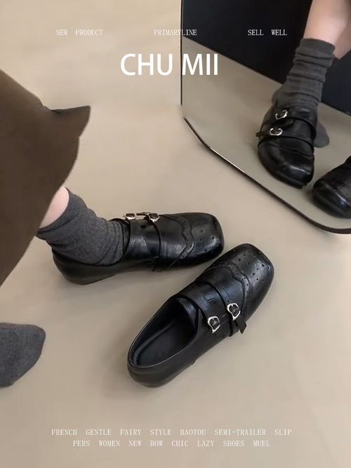 羊皮版~复古英伦风乐福鞋女平底内增高双扣带单鞋黑色方头小皮鞋主图