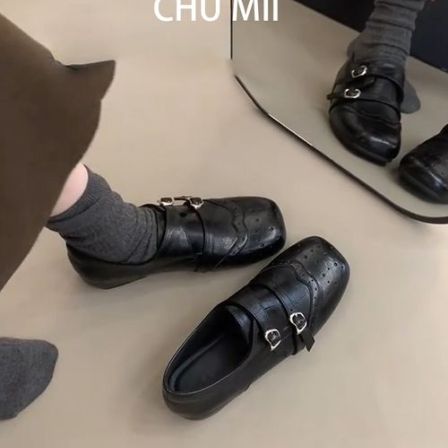 羊皮版~复古英伦风乐福鞋女平底内增高双扣带单鞋黑色方头小皮鞋