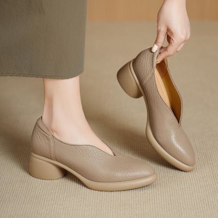 中跟5厘米/简约舒适厚底一脚蹬百搭羊皮单鞋女中跟粗跟复古皮鞋女