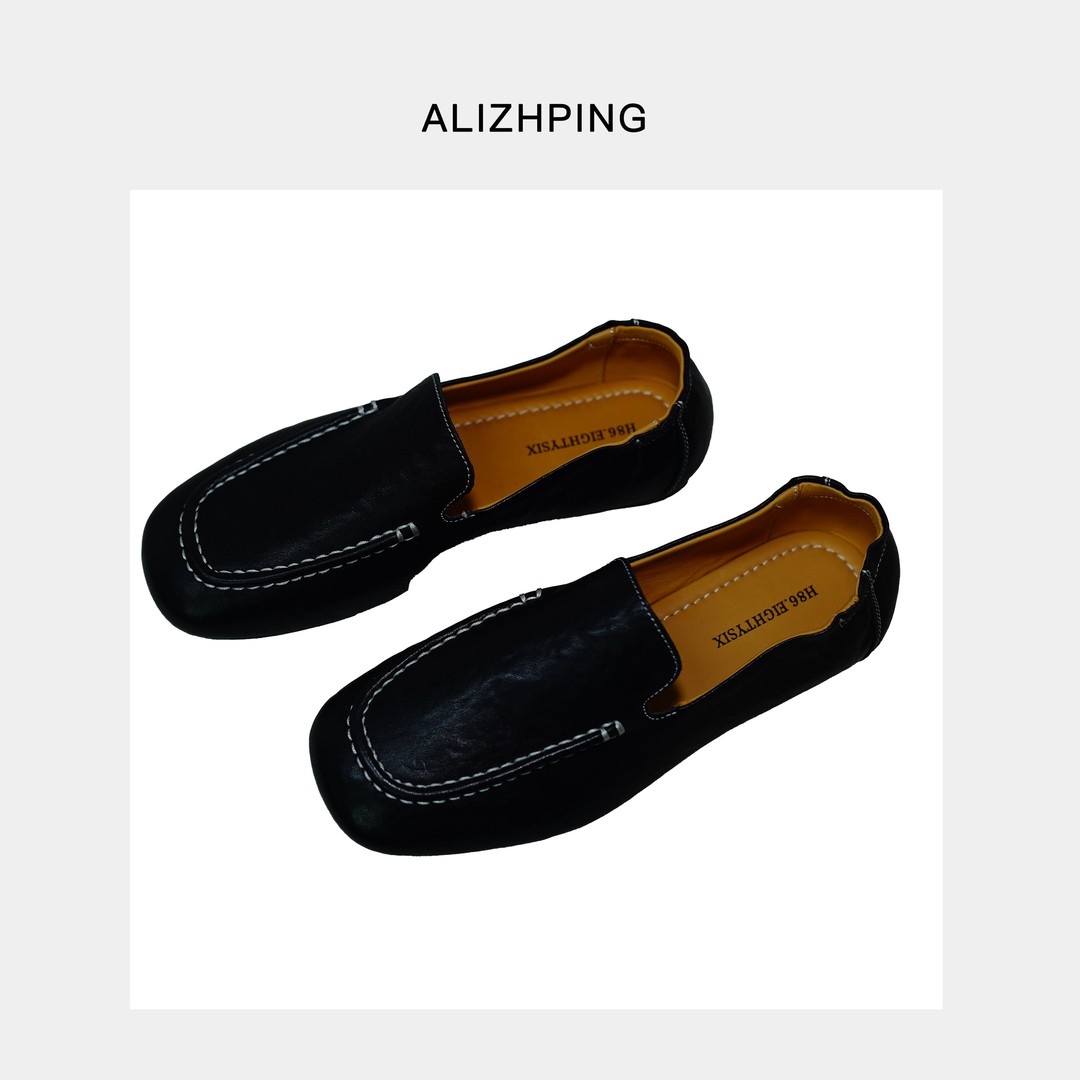 【ALIZHPING】老钱风车缝线平底乐福真皮女鞋P532主图