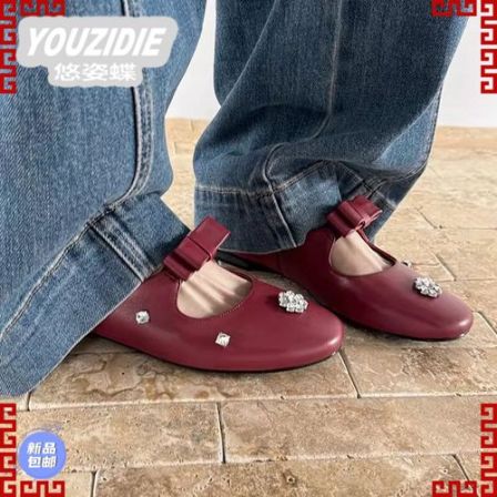 YOUZIDIE真皮水钻玛丽珍鞋2026新款春季女鞋浅口小皮鞋内增高