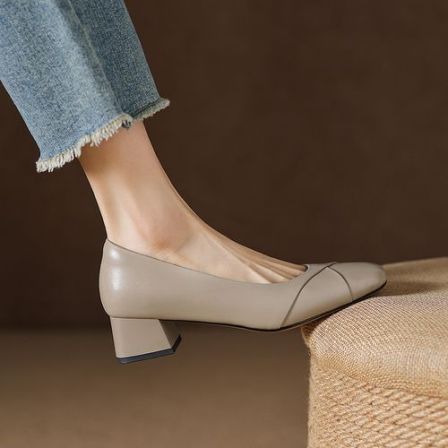 羊皮~4cm法式方头浅口单鞋软底粗跟通勤褶皱温柔气质高跟真皮女鞋