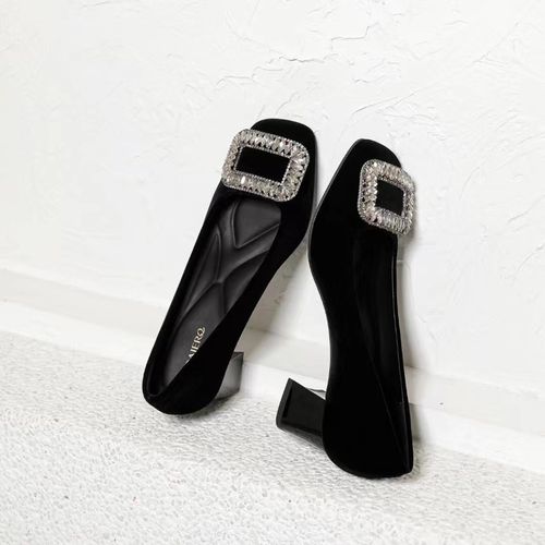 （5厘米）26E3369黑色金丝绒水钻新款方头粗跟高跟鞋主图