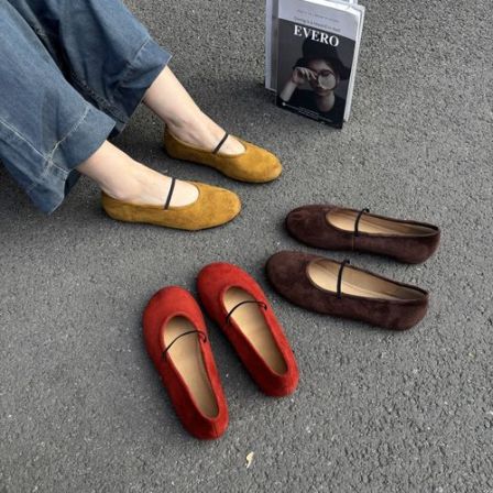 【冰冰一号店】1698-9#3法式复古一字带圆头反绒皮单鞋