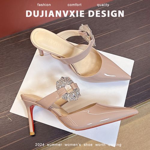 26年新款裸色漆皮细跟红底高跟鞋女尖头凉鞋时尚气质百搭水钻拖鞋主图