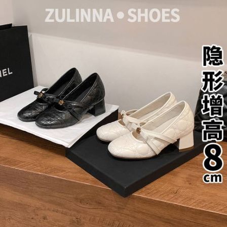 8cm增高新款法式气质菱格一字带单鞋女浅口蝴蝶结小香风玛丽珍鞋