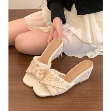 8CM增高！复古森系编织坡跟一字拖鞋女夏外穿仙女高跟度假凉拖鞋