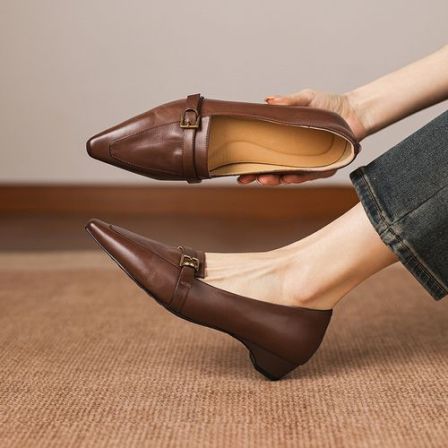 软牛皮~3cm复古风深口单鞋低跟英伦风小皮鞋尖头法式百搭真皮女鞋