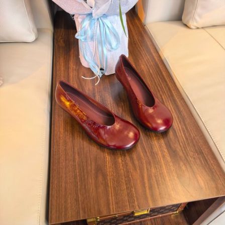 范戈希牛皮跟高5cm春季小香风百搭时尚浅口圆头粗跟单鞋女买1赠3