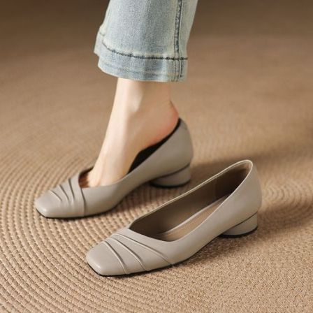 羊皮~3cm灰色浅口单鞋法式方头粗跟软底褶皱复古低跟百搭真皮女鞋