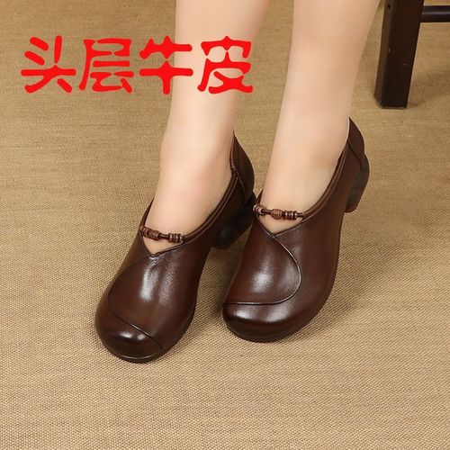 全牛皮妈妈鞋子春季新款复古中低跟真皮单鞋女牛筋软底民族风皮鞋主图