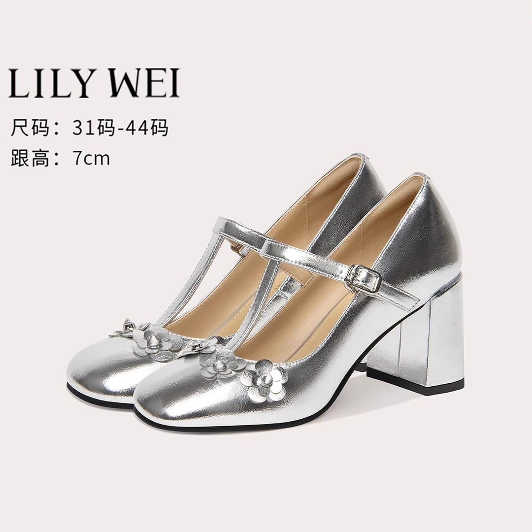 LilyWei【神明少女】银色复古圆头玛丽珍鞋优雅高跟单鞋甜妹穿搭主图