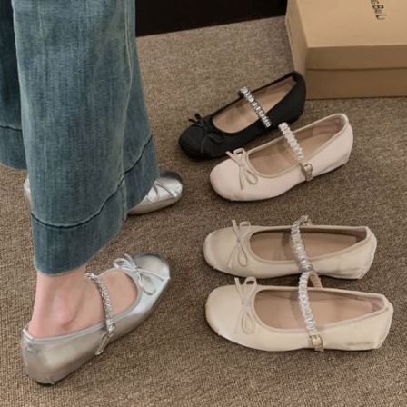 贾不假芭蕾鞋女2026春夏法式蝴蝶结水钻3cm内增高玛丽珍搭扣单鞋