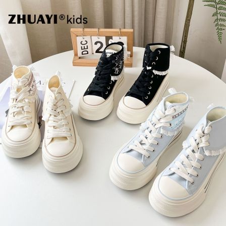 蕾丝花边蝴蝶结两穿帆布鞋春秋款学生百搭厚底小白鞋（26120303）8