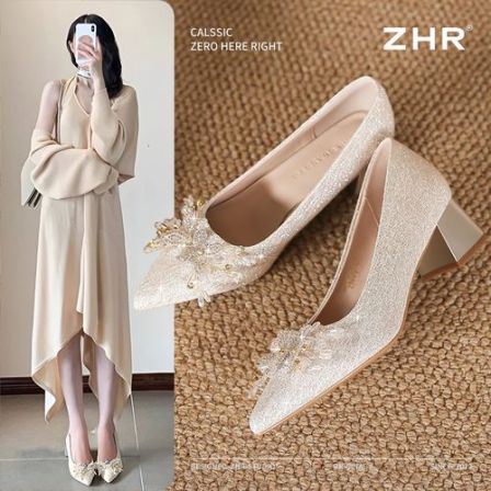 ZHR则则4.5CM粗跟浅口单鞋法式水钻搭礼服尖头优雅跟鞋K312