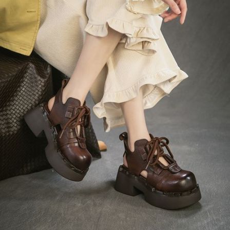 29811春季新款复古头层牛皮镂空厚底增高前系带高级感女凉鞋圆头